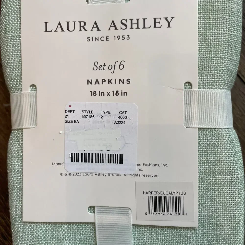 LAURA ASHLEY Spring Chic Mint Green Textured 18X18 Cloth Napkins Set of 6 NEW